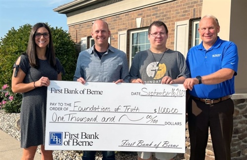 First Bank of Berne donates to Foundations of Truth for a Keith and Kristyn Getty Community Concert