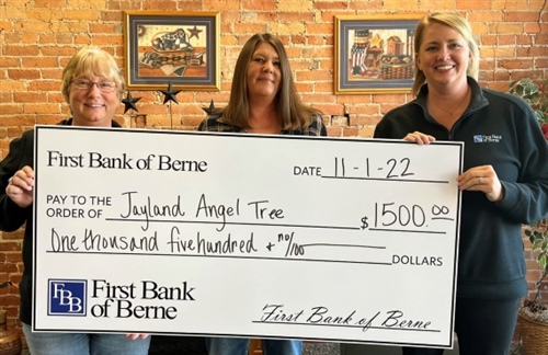 FIRST BANK OF BERNE DONATES TO JAYLAND ANGEL TREE PROGRAM