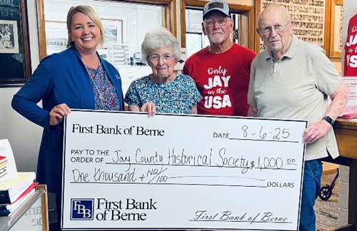 First Bank of Berne Supports Jay County Heritage Festival with Donation to Historical Society