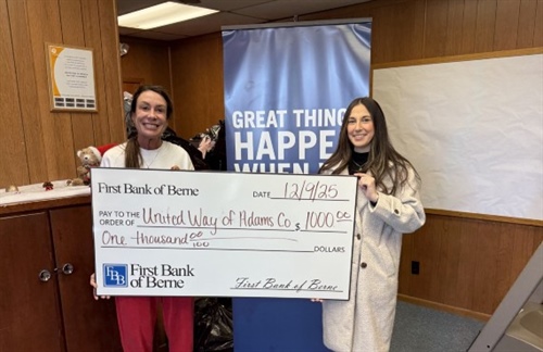 First Bank of Berne Supports United Way with Donation to Strengthen Community Initiatives
